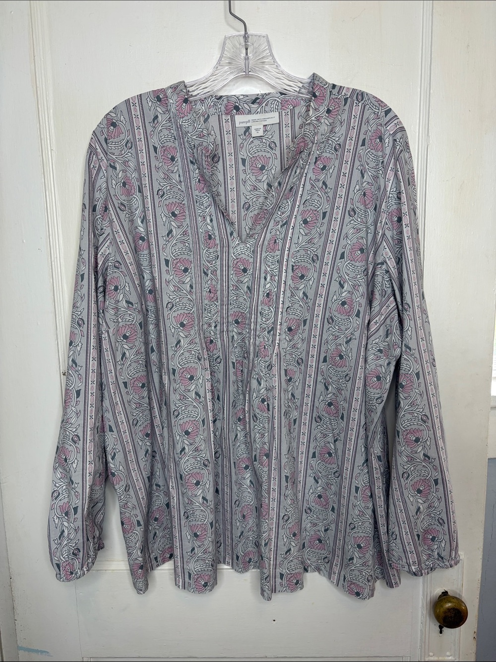 Pure Jill J Jill Split Neck Cotton Blouse Pintuck Gray Pink Floral Size XL